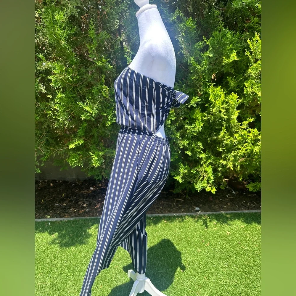 Lulus Saltwater and Sun Navy Blue Striped Strapless Midi Jumpsuit NWOT - Picture 4 of 6
